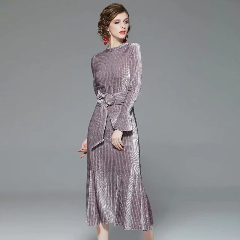 High-end Stripe Velvet Close Fitting Fishtail Dress