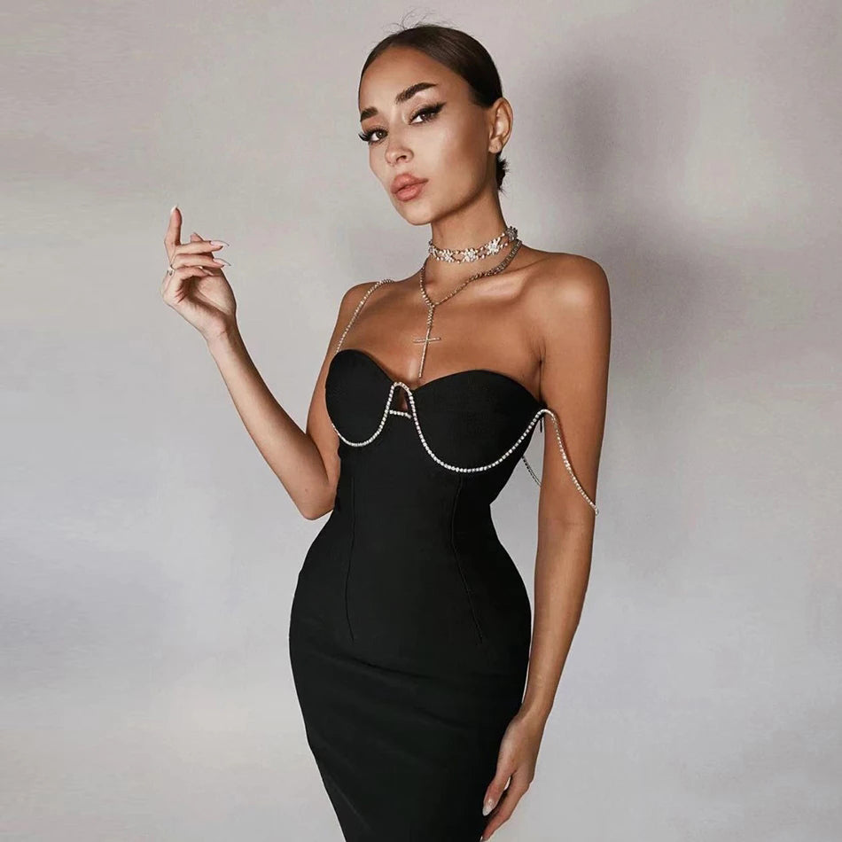 Luxury Thin Shoulder Diamond V-Neck Tight Mini Dress