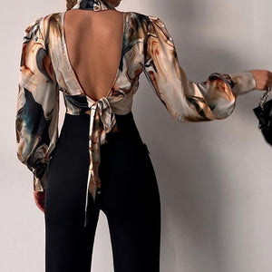 Designer Marble Puff Sleeve Backless Blouse