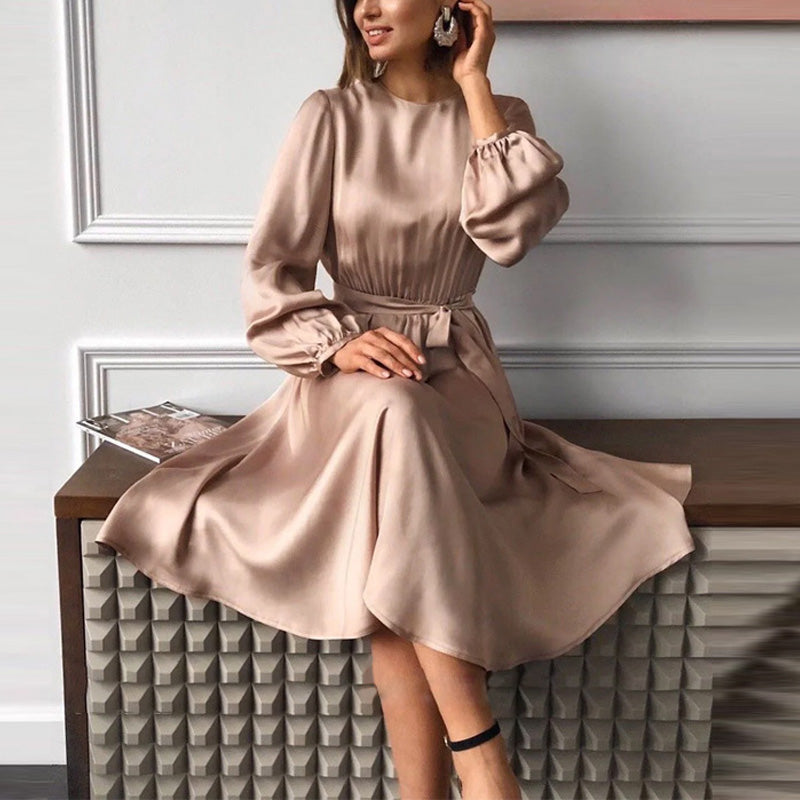 Classy Satin Long Sleeve Big Waist Elegant Dress