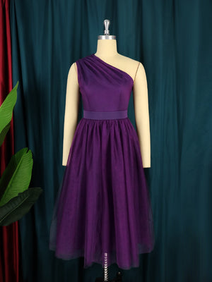Luxury One Shoulder Dark Purple Sleeveless Ruffle Plus Size Dress