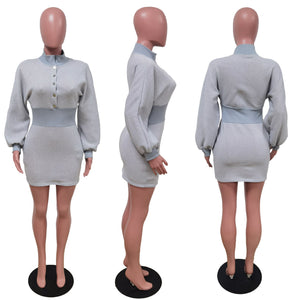 High Waist Tight Fleece Solid Gray Short Dress