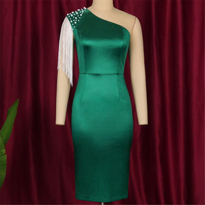 Elegant Beaded Plus Size One Shoulder Shiny Stretch Silk Dress