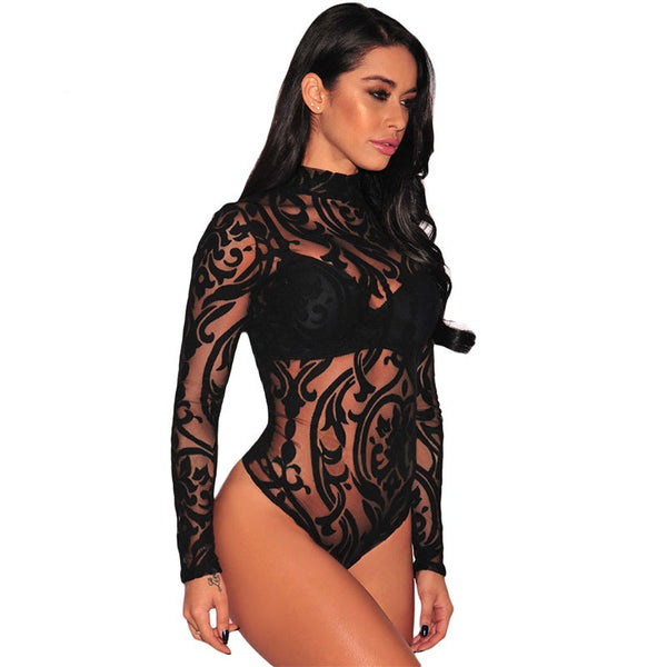 Sexy Mesh Sheer Bodysuits for Women Vintage Floral Graphic Goth Bodysuits  Long Sleeve Turtle Neck Snap Button Crotch Jumpsuit at  Women's  Clothing store