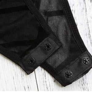 Sexy Plus Size Black Velvet Sheer Mesh Sleeveless Bodysuit