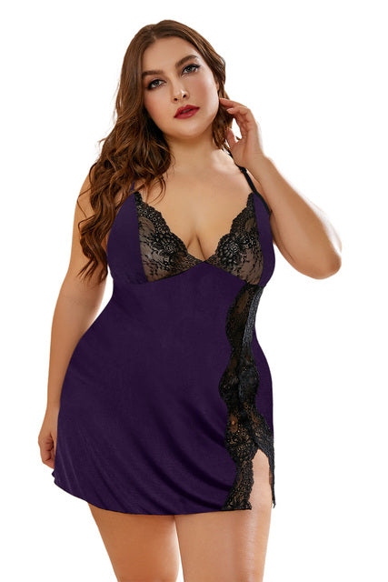 Plus Size Baby-doll Lace Snake Print  Dress + Thong Nightgown
