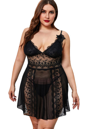 Plus Size Sexy Lace V-neck Sleeveless Dress + Thong Nightgown