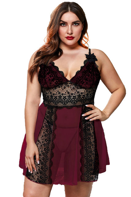 Plus Size Sexy Lace V-neck Sleeveless Dress + Thong Nightgown