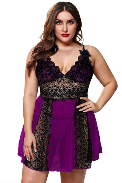 Plus Size Sexy Lace V-neck Sleeveless Dress + Thong Nightgown