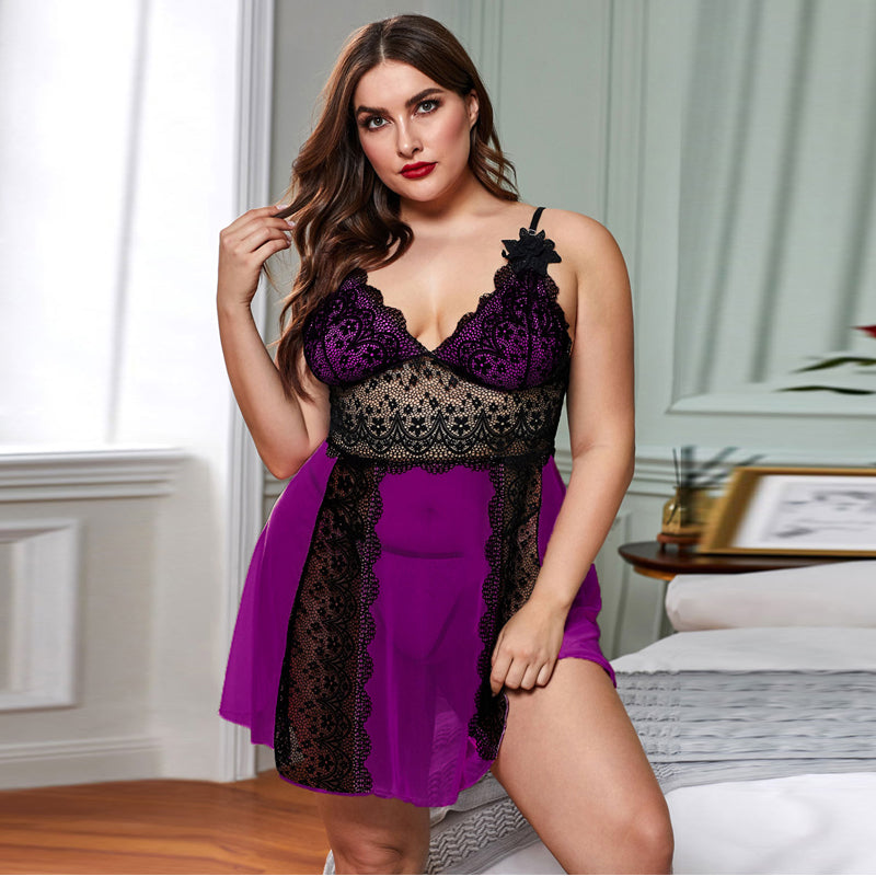 Plus Size Sexy Lace V-neck Sleeveless Dress + Thong Nightgown