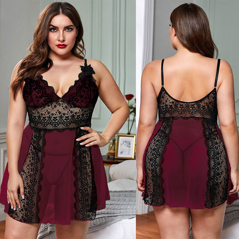 Plus Size Sexy Lace V-neck Sleeveless Dress + Thong Nightgown