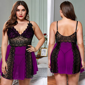Plus Size Sexy Lace V-neck Sleeveless Dress + Thong Nightgown