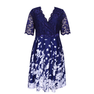 High-end Plus Size Blue Lace Classy Short Sleeve Dress