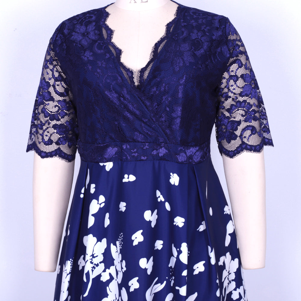 High-end Plus Size Blue Lace Classy Short Sleeve Dress