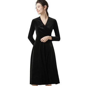 Elegant Cross V-Neck Velvet Long Sleeve Slim Dress