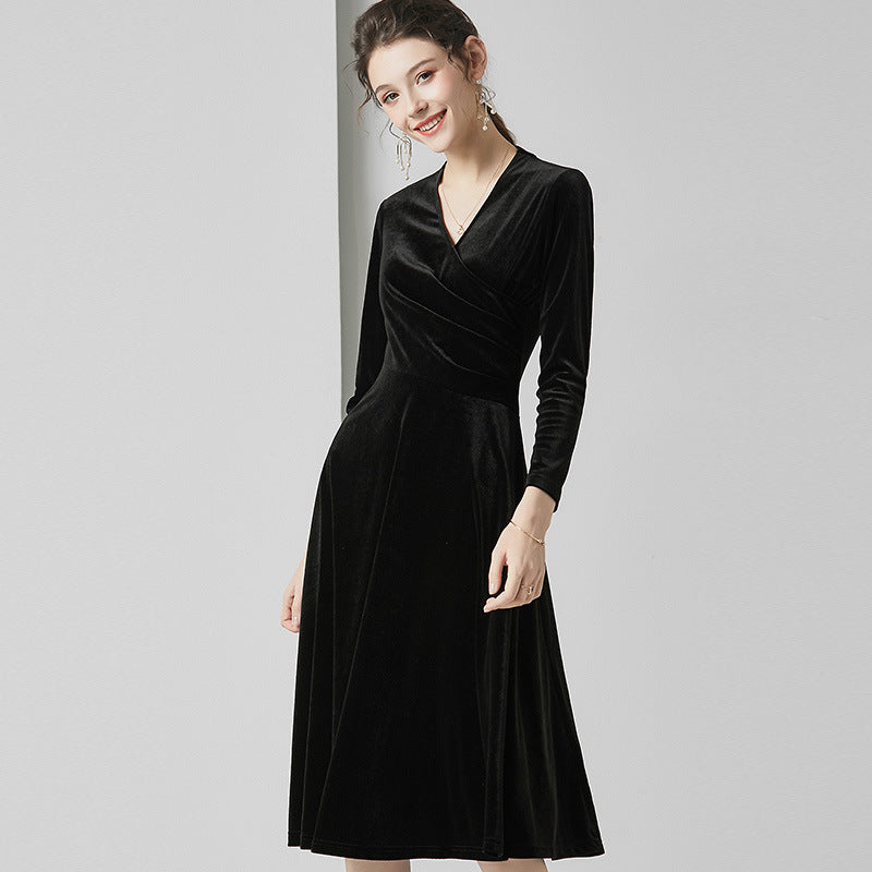 Elegant Cross V-Neck Velvet Long Sleeve Slim Dress