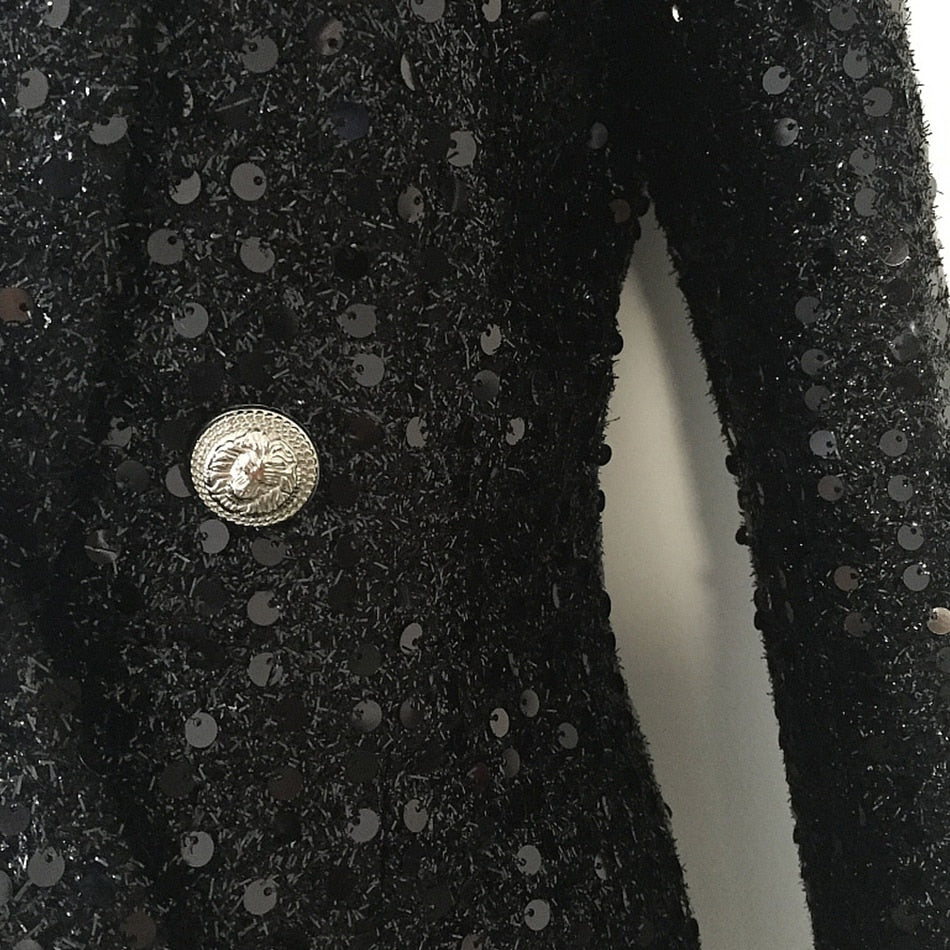 High-end Designer Double Button Sequined Black Blazer