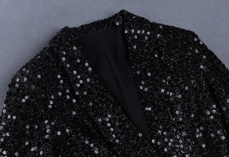 High-end Designer Double Button Sequined Black Blazer