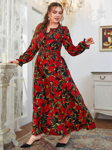 Plus Size Red Floral Long Sleeve Oversize Dress