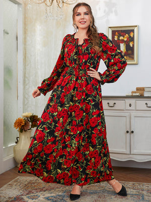 Plus Size Red Floral Long Sleeve Oversize Dress
