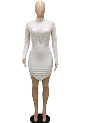 Luxury See-Through Long Sleeve Crystal Glam Mini Dress