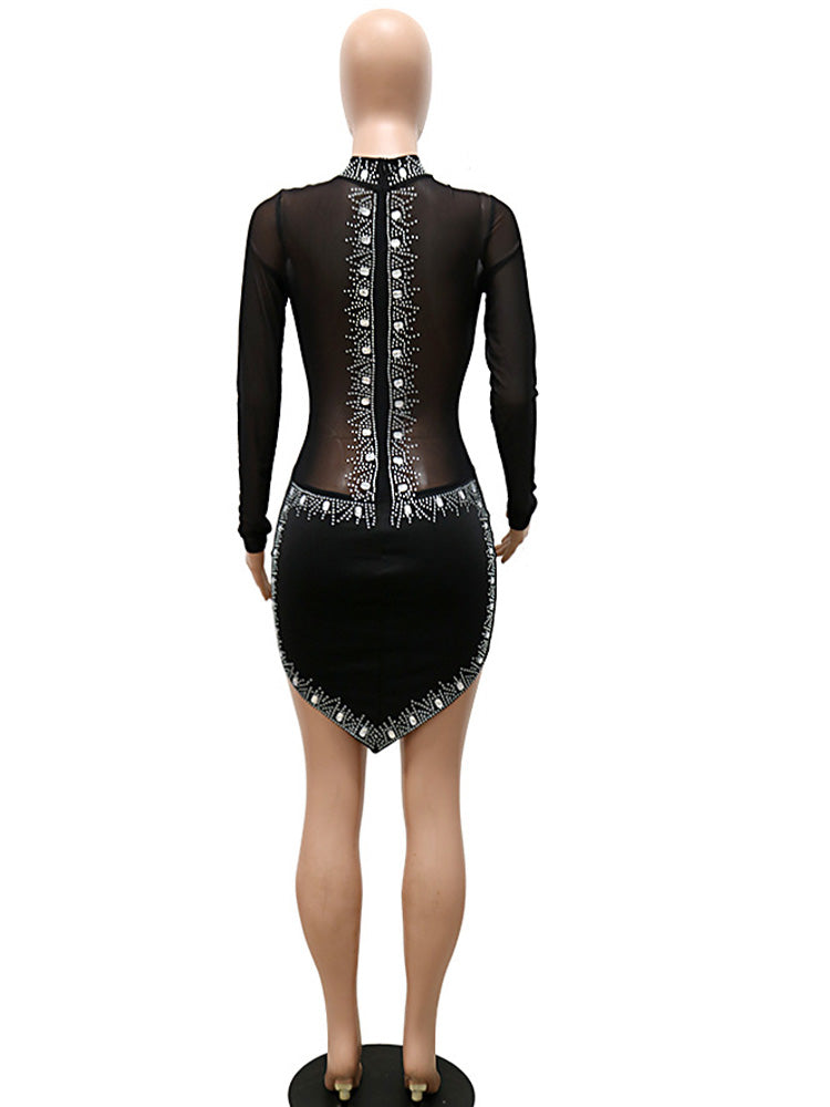 Luxury See-Through Long Sleeve Crystal Glam Mini Dress