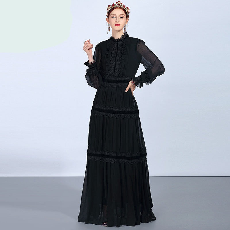 High-end Long Sleeve Ruffles Vintage Black Elegant Dress