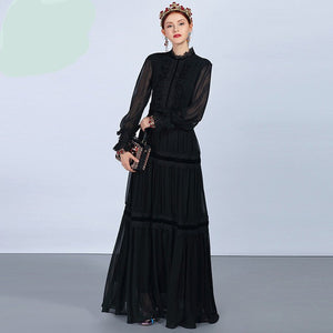 High-end Long Sleeve Ruffles Vintage Black Elegant Dress