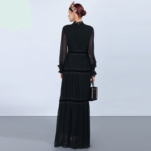 High-end Long Sleeve Ruffles Vintage Black Elegant Dress