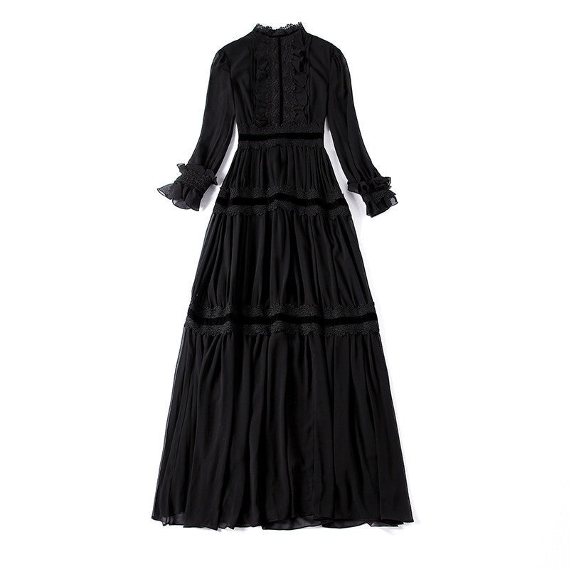 High-end Long Sleeve Ruffles Vintage Black Elegant Dress