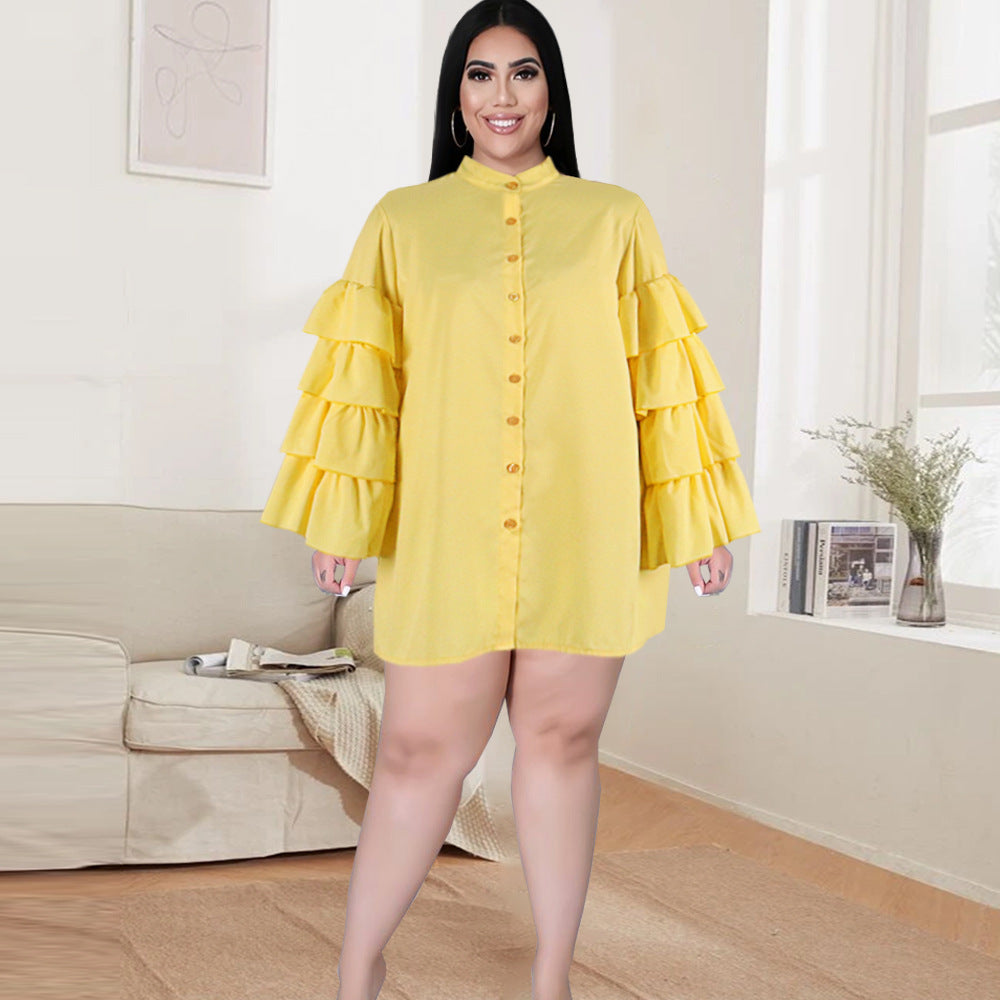 High-end Button Down Yellow Ruffle Loose Over-sized Plus Size Mini Dress