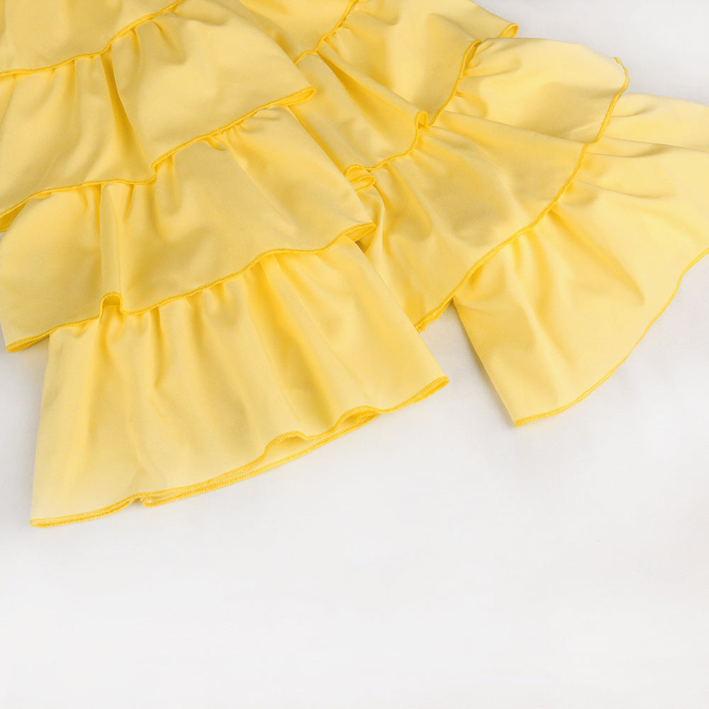High-end Button Down Yellow Ruffle Loose Over-sized Plus Size Mini Dress