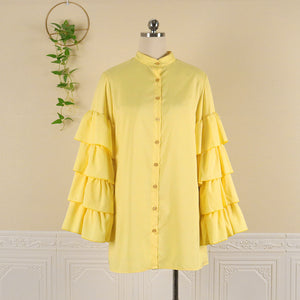 High-end Button Down Yellow Ruffle Loose Over-sized Plus Size Mini Dress