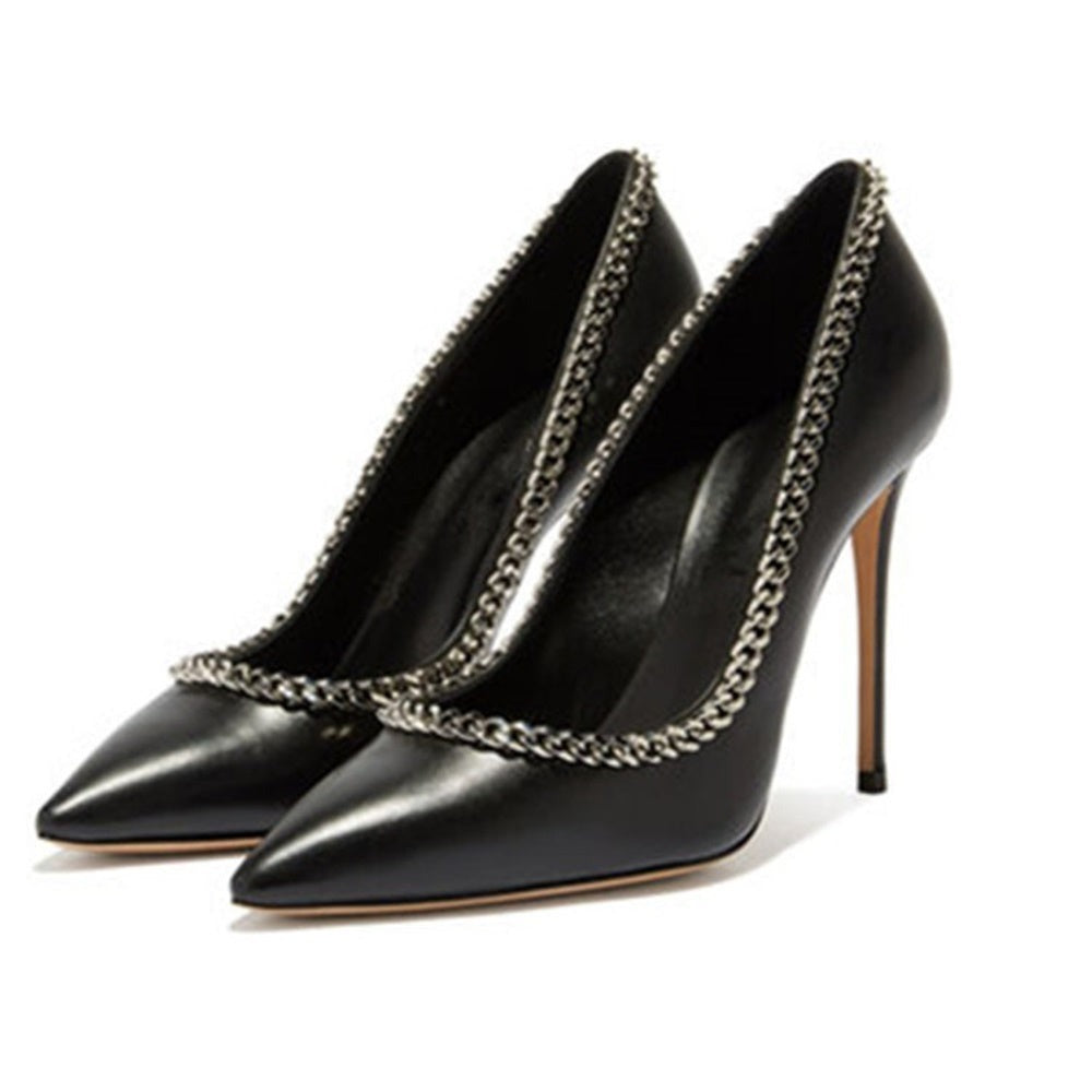 High-end Chain Leather Pointed Toe Thin High Heels