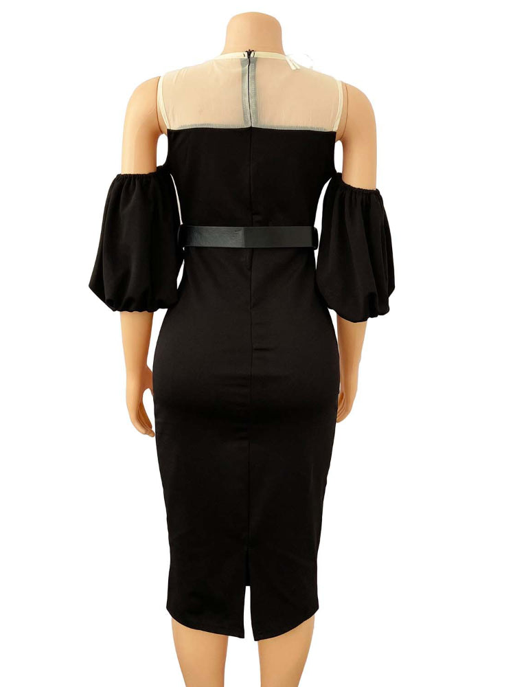 High-end Puff Sleeve Brown Shoulder + Belt Dress