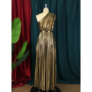 Luxury Long Metallic One Shoulder Shiny High Waist Dress