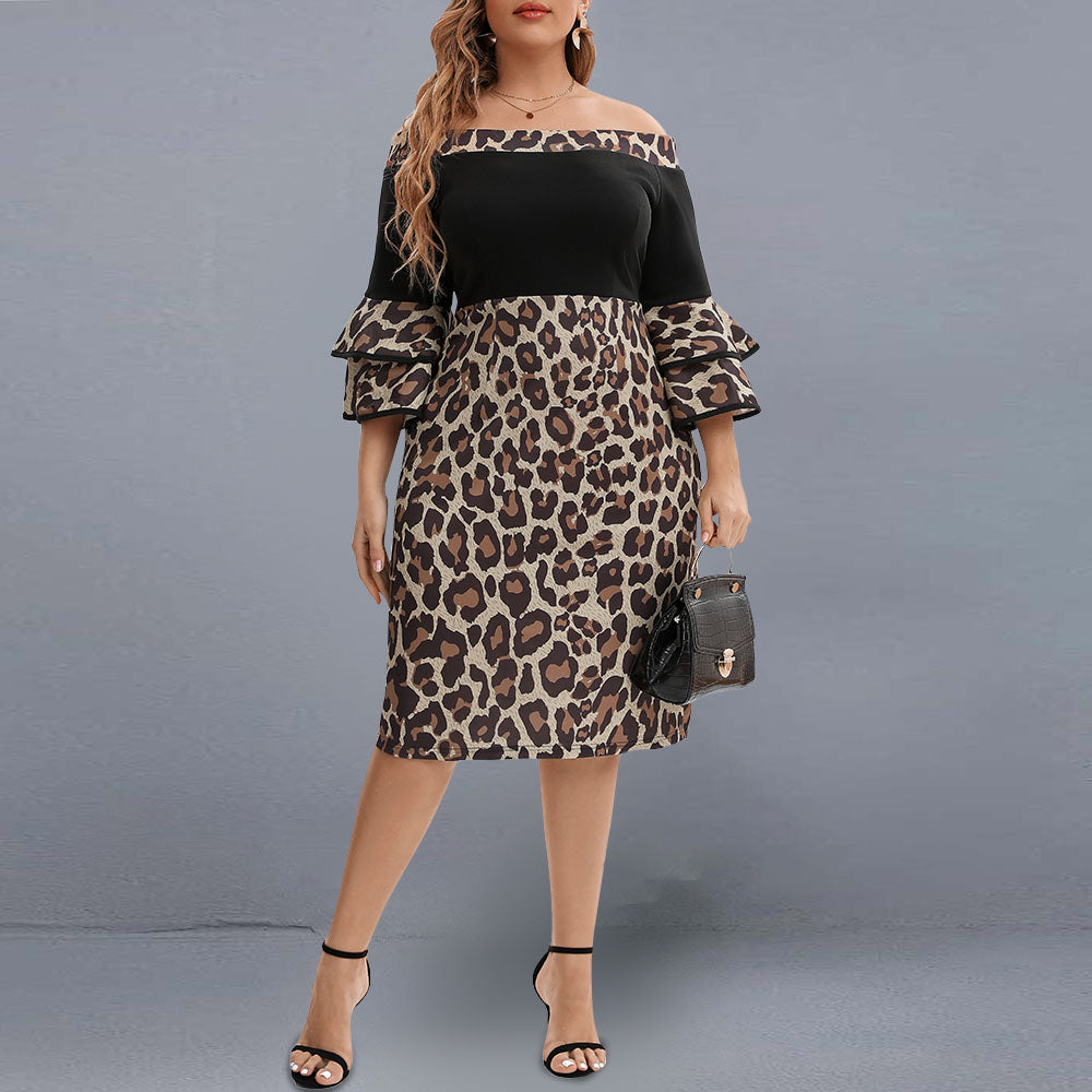 Plus Size Classy Leopard Flare Sleeve Dress