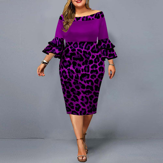 Plus Size Classy Leopard Flare Sleeve Dress