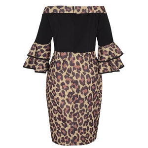 Plus Size Classy Leopard Flare Sleeve Dress