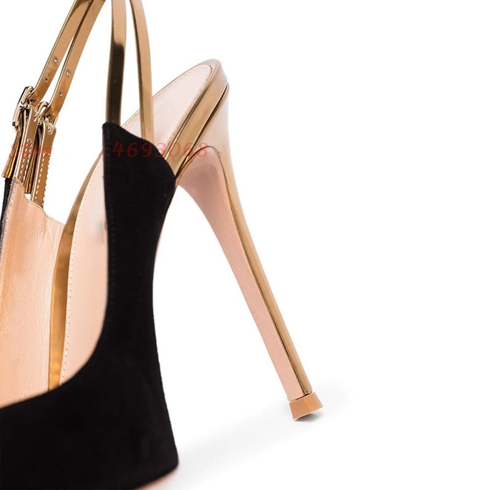 High-end Black-Gold Pointed Toe Suede  High Heels
