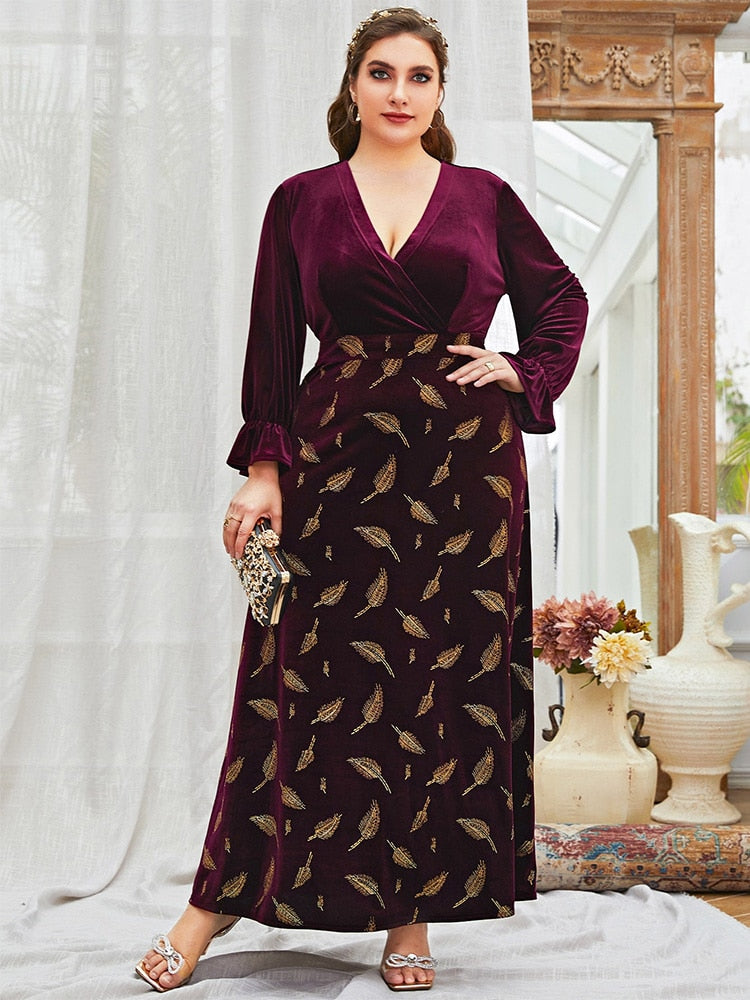 High-end Plus Size Long Sleeve Leaf Design Dress