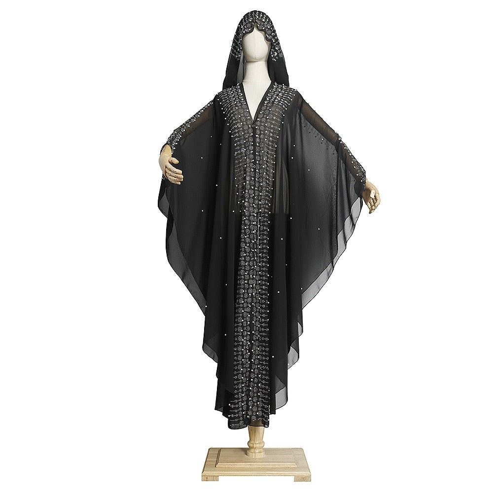 High-end Design Mesh Hooded Rhinestone Robe