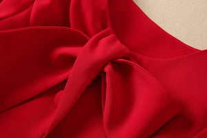 High-end Red Long Sleeve Bow A-Line Satin Dress
