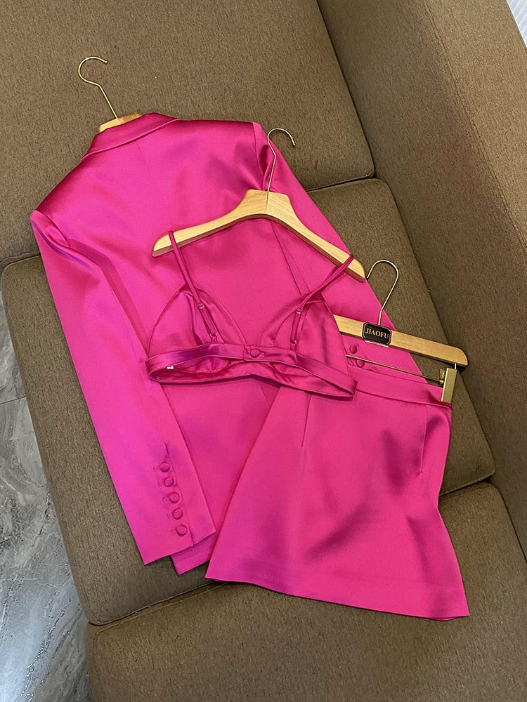 High-end Bright Solid Rose Red Satin Double-Breasted 3Pcs Suit