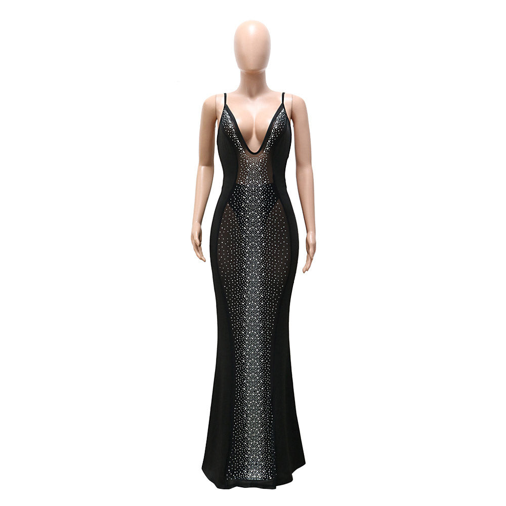 Long Luxury Sheer See-Through Mesh Crystal Dress