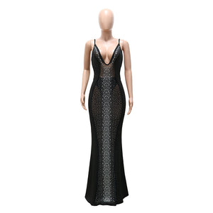 Long Luxury Sheer See-Through Mesh Crystal Dress
