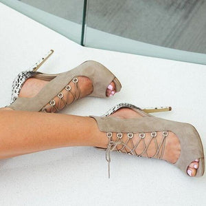Classy Suede Lace-up Front Cut-out Thin High Heels