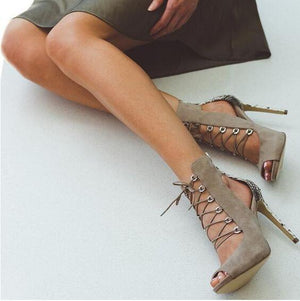 Classy Suede Lace-up Front Cut-out Thin High Heels