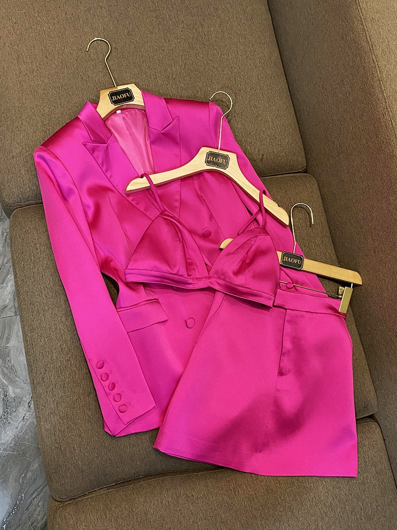 High-end Bright Solid Rose Red Satin Double-Breasted 3Pcs Suit