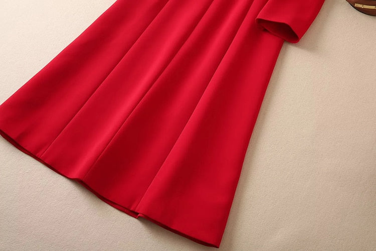 High-end Red Long Sleeve Bow A-Line Satin Dress